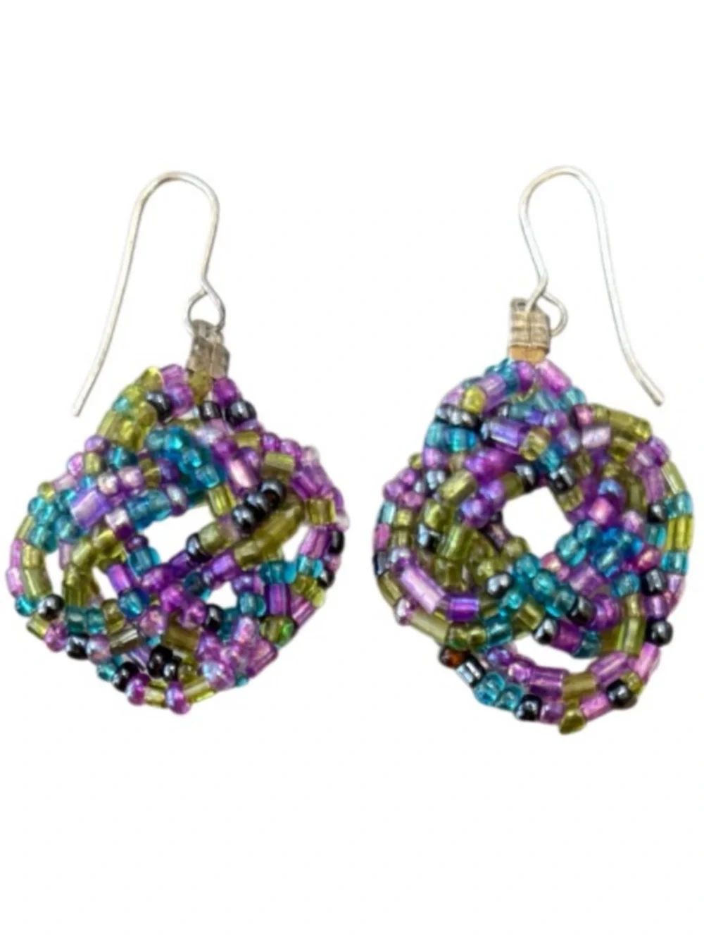 Vintage Beaded Earrings Handmade Flower Dangle Wire Coquette Blue Purple Rose